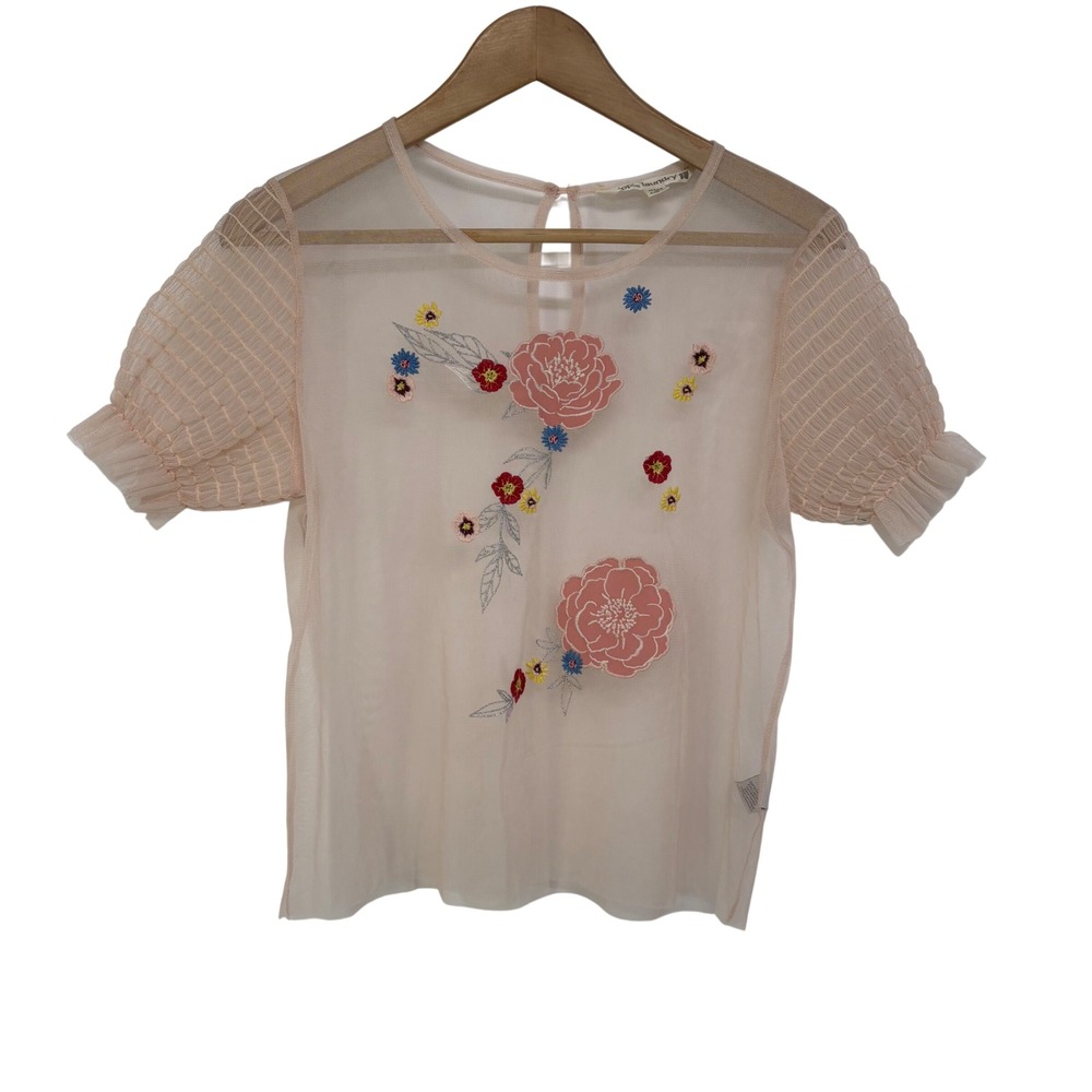 Hippie Laundry Women Fairy Pink Sheer Mesh Floral Embroidered Puff Sleeve Top L